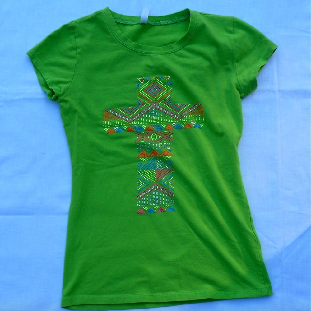 Green T-shirt with Beaded Cross